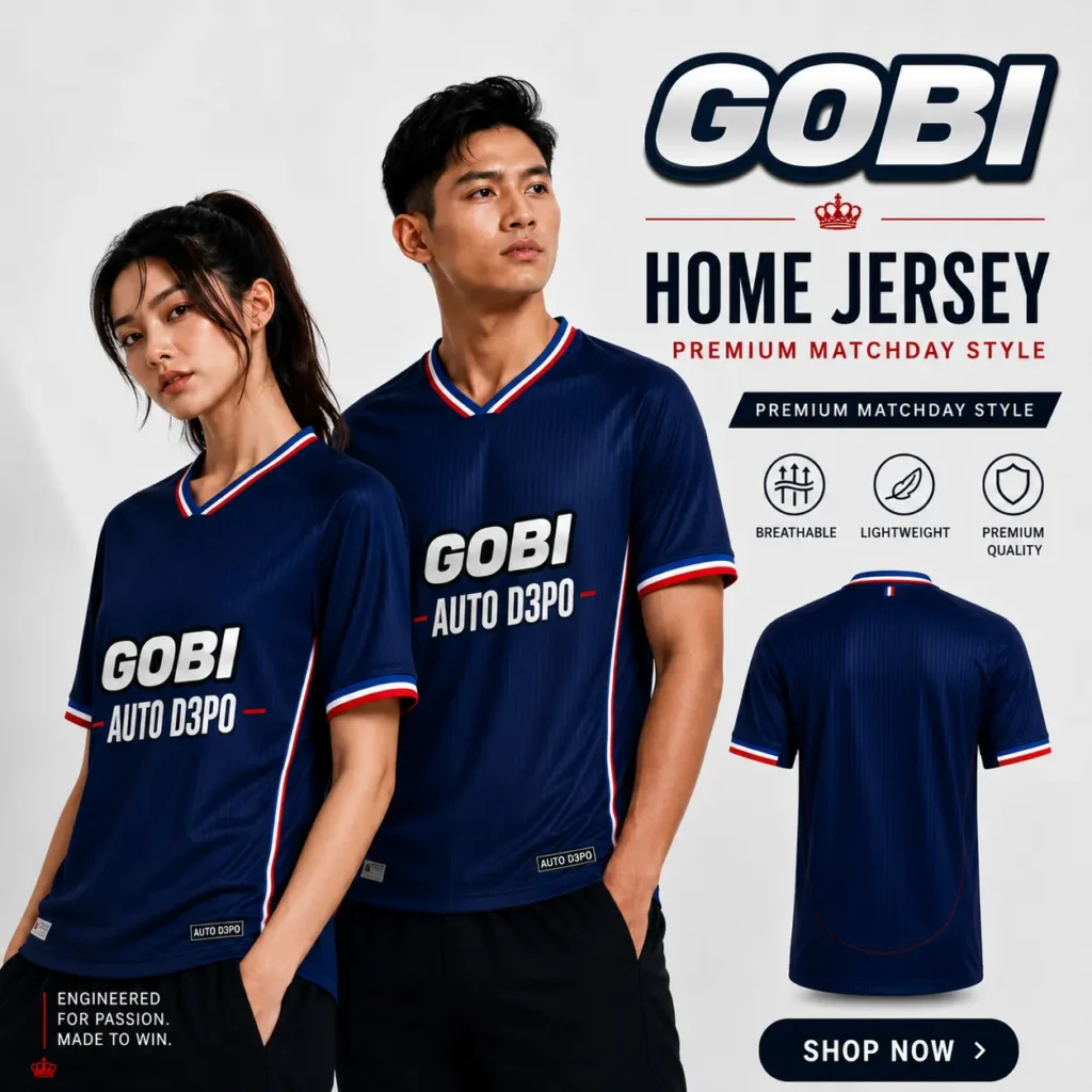 Gobi88 jersey sepak bola biru Makassar tampilan produk depan